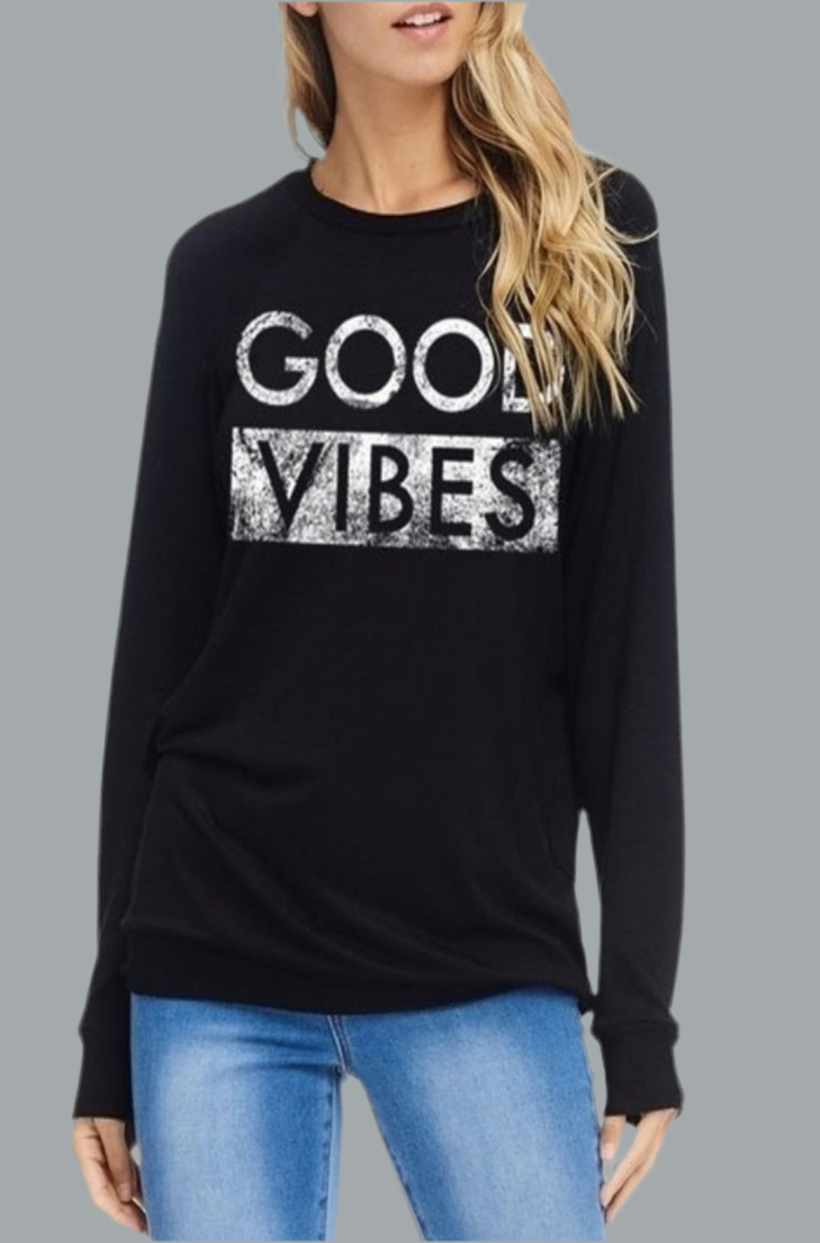 Black Good Vibes graphic long-sleeve top