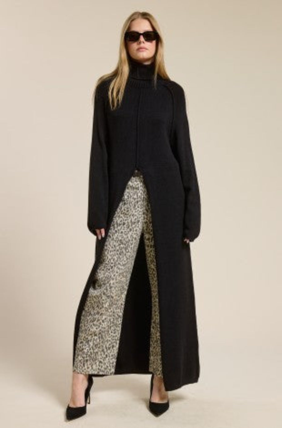 Long black tunic sweater with side slit