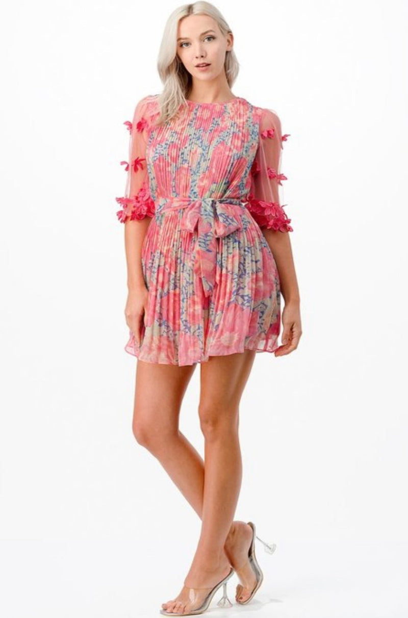 barbie pink dress, pink pleated dress, party dress, garden party dress, pink dress, long sleeve short dress