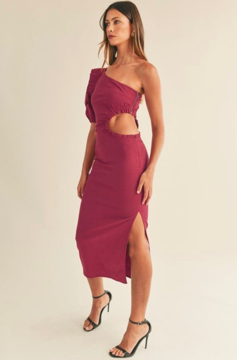 wine dress, party dress, cocktail dress, burgundy dress, midi dress, one shoulder dress