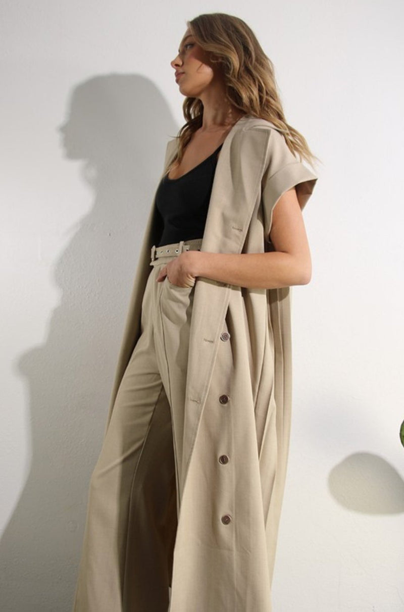 tan trench pant suit, tan pant suit, trench coat, women's pant suit. work wear