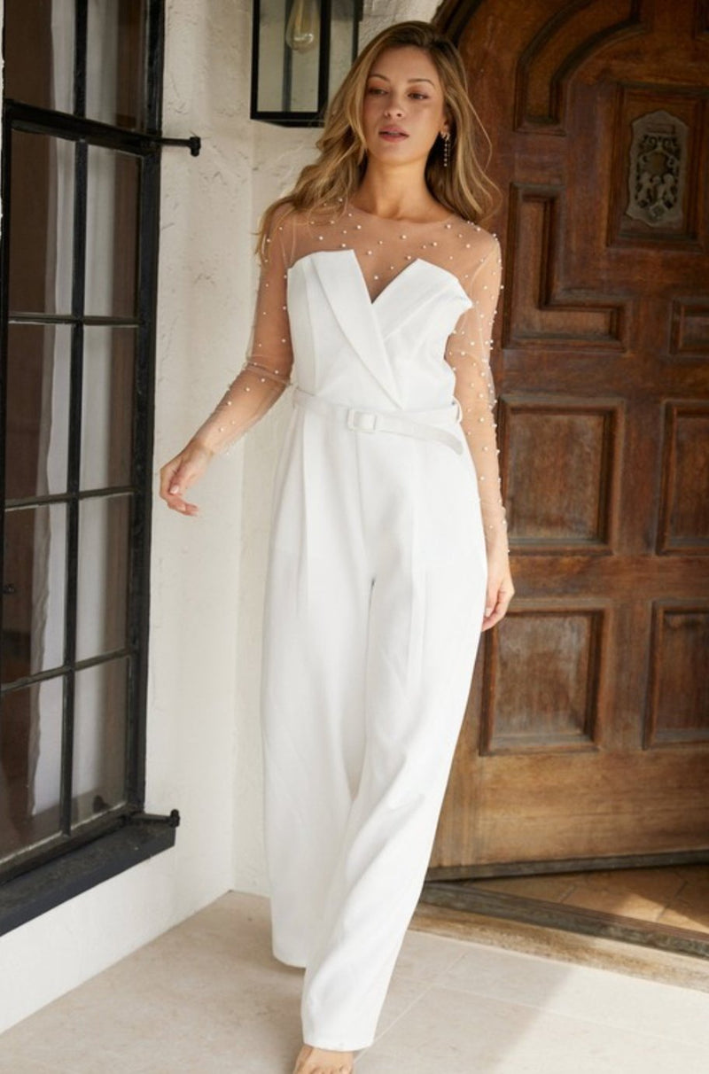 Michelle White Mesh Pearl Jumpsuit