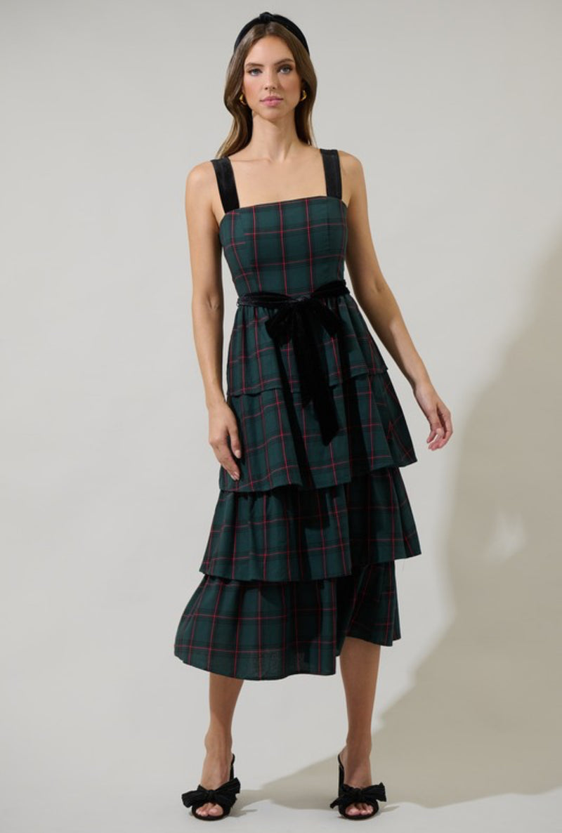 Nora Plaid Tiered Midi Dress - SAM D'MONES Plaid Green / Large / 100% Cotton Nora Plaid Tiered Midi Dress - SAM D'MONES Plaid Green / Large / 100% Cotton