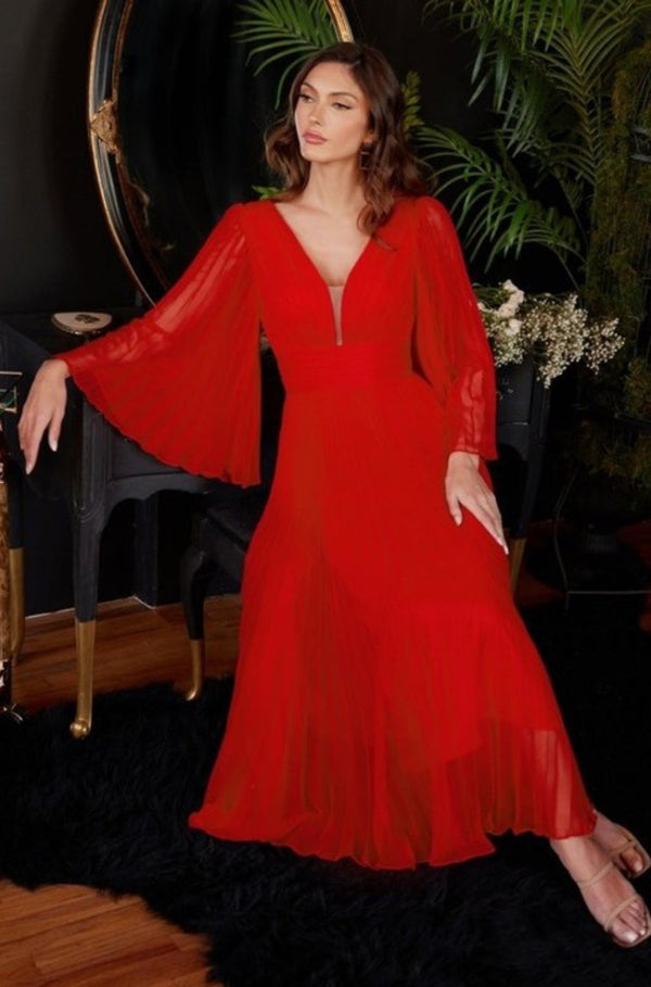 red dress, champagne dress, teal dress, pleated dress