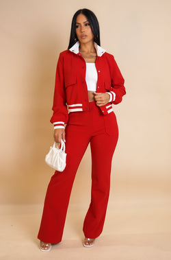 Women’s red jacket and pants set, women’s airport travel jacket and pants set, women street wear, women’s chic wear set