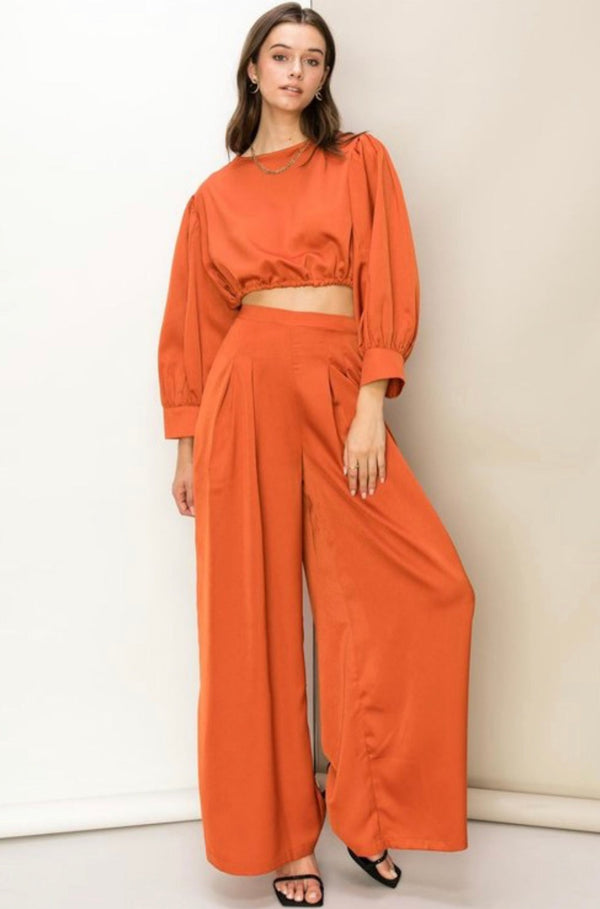 orange pant set, orange crop top and pant set, orange two piece set, two piece set