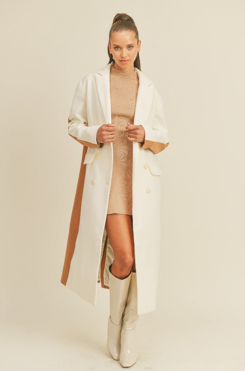 Long color block coat, color block coat, ivory and black coat, ivory coat, blackcoat