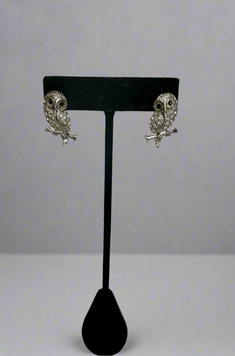 Silver rhinestone owl stud earrings