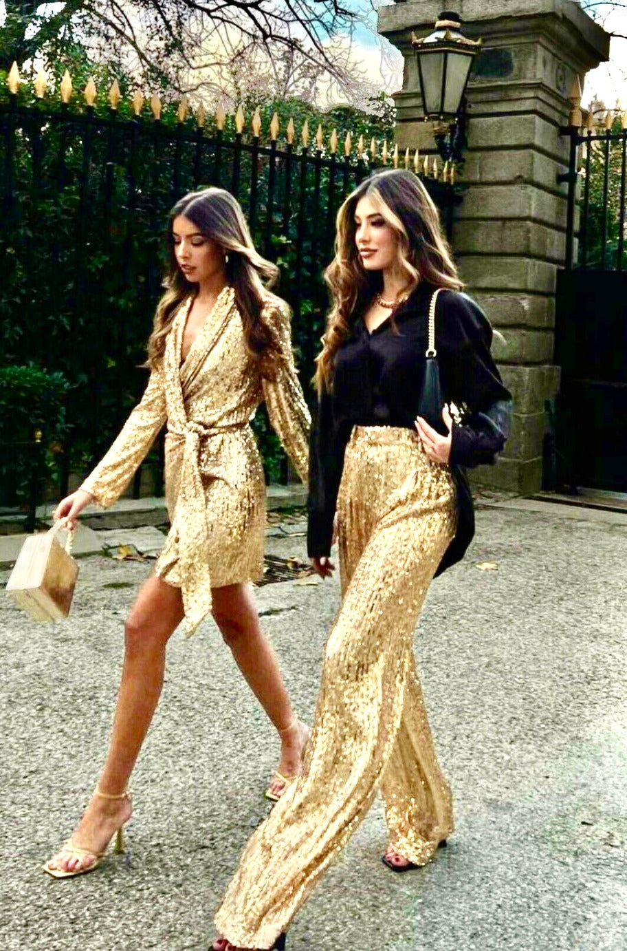 Gold sequin trousers, full length view