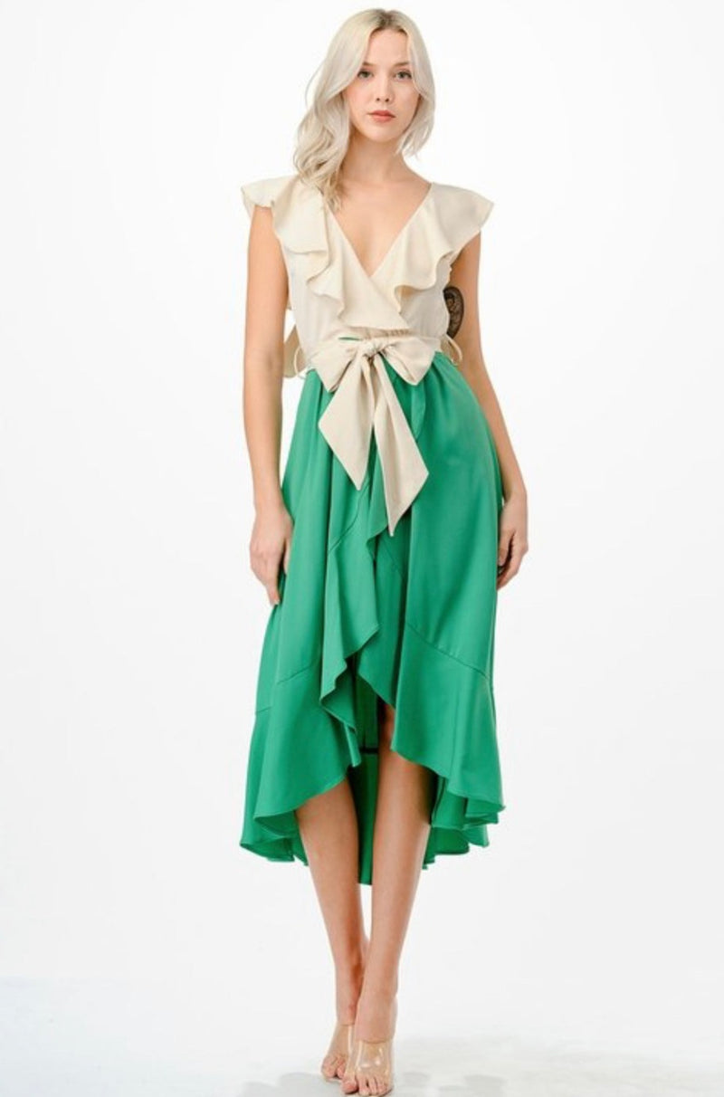 Green dress, color block dress, party dress, sleeve less dress, cream and green dress, ruffle dress