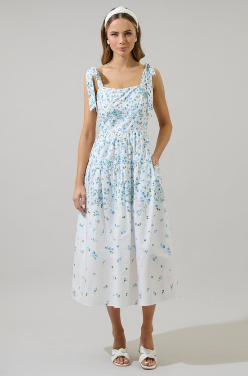 Tia White and Blue Midi Floral Dress