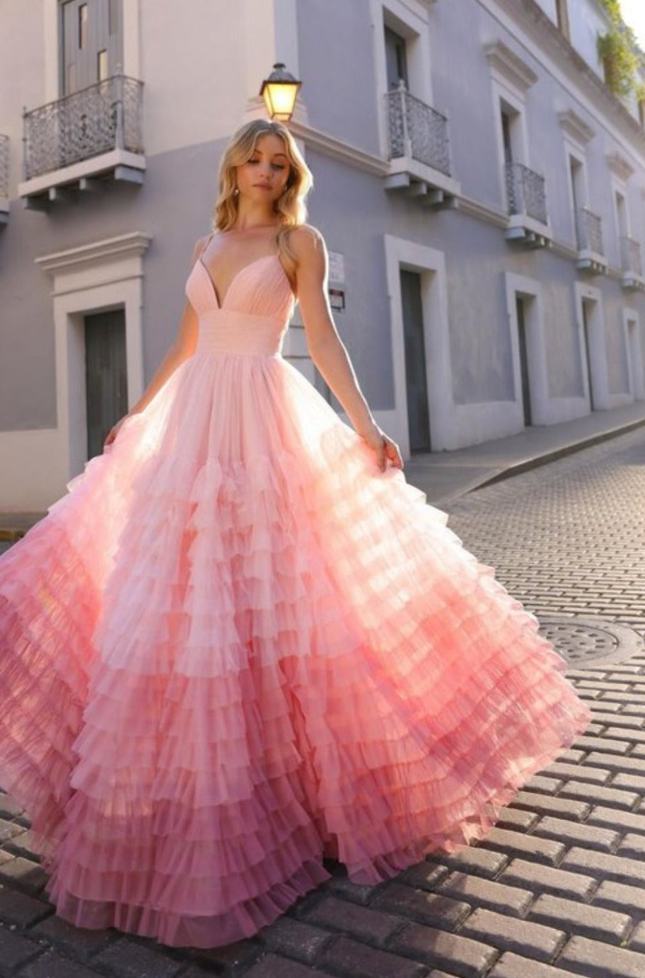 Blush ombre gown, back view