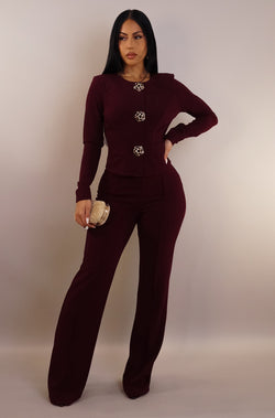 Women’s formal top and pant set, women’s burgundy red formal two piece set, women’s work wear