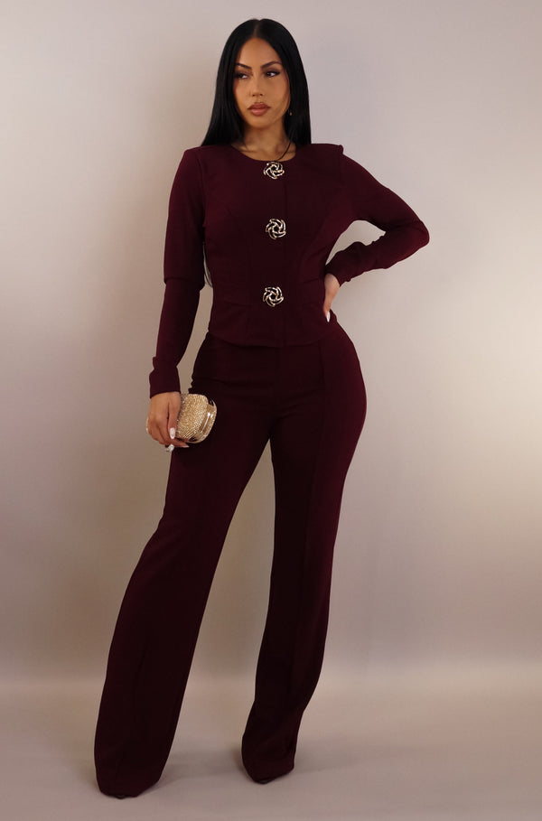 Women’s formal top and pant set, women’s burgundy red formal two piece set, women’s work wear