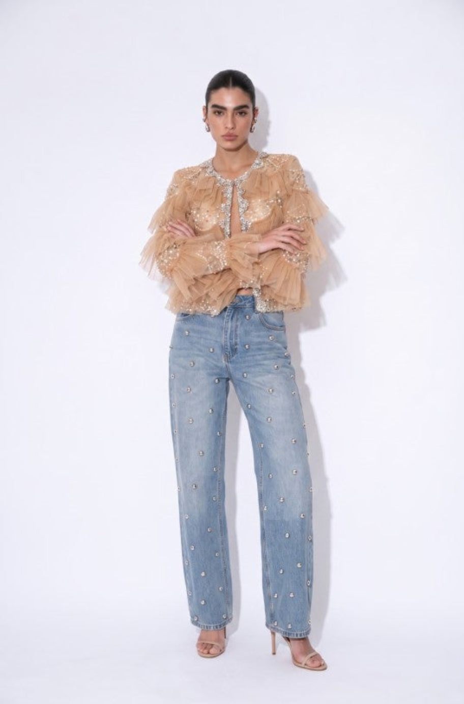 Nude Embellished Tulle Ruffle Statement Jacket