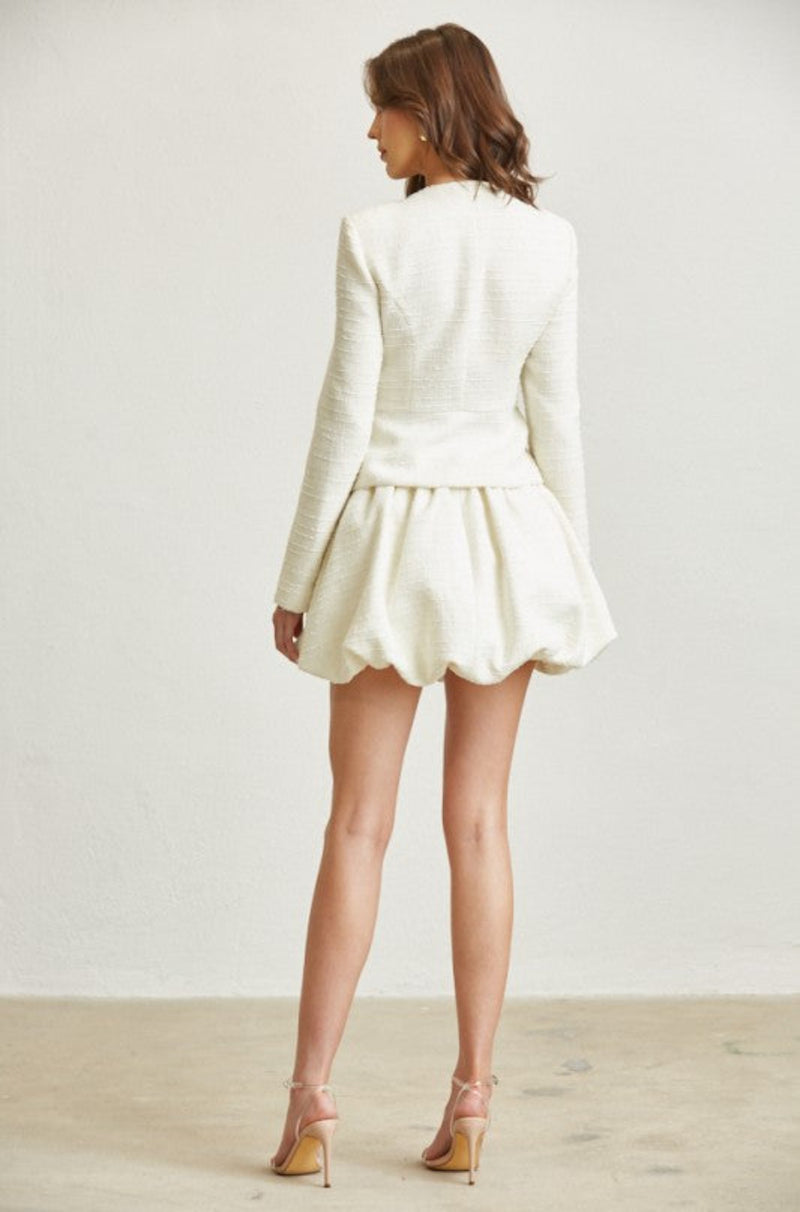 Elegant Off-White Tweed Jacket & Bubble Skirt Set
