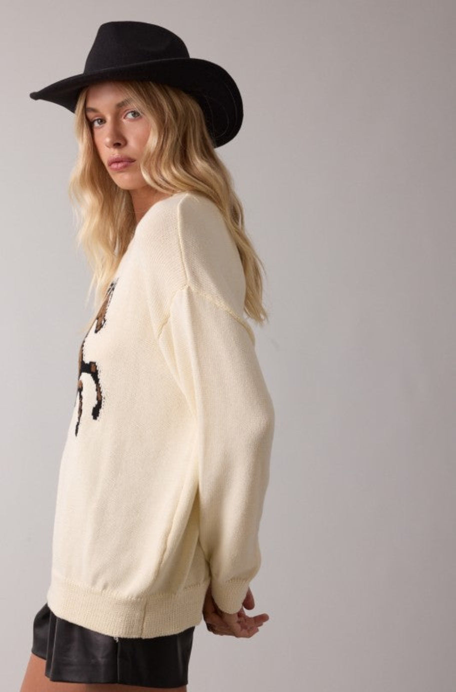 Close-up of the horse print on the Equestrian cream sweater