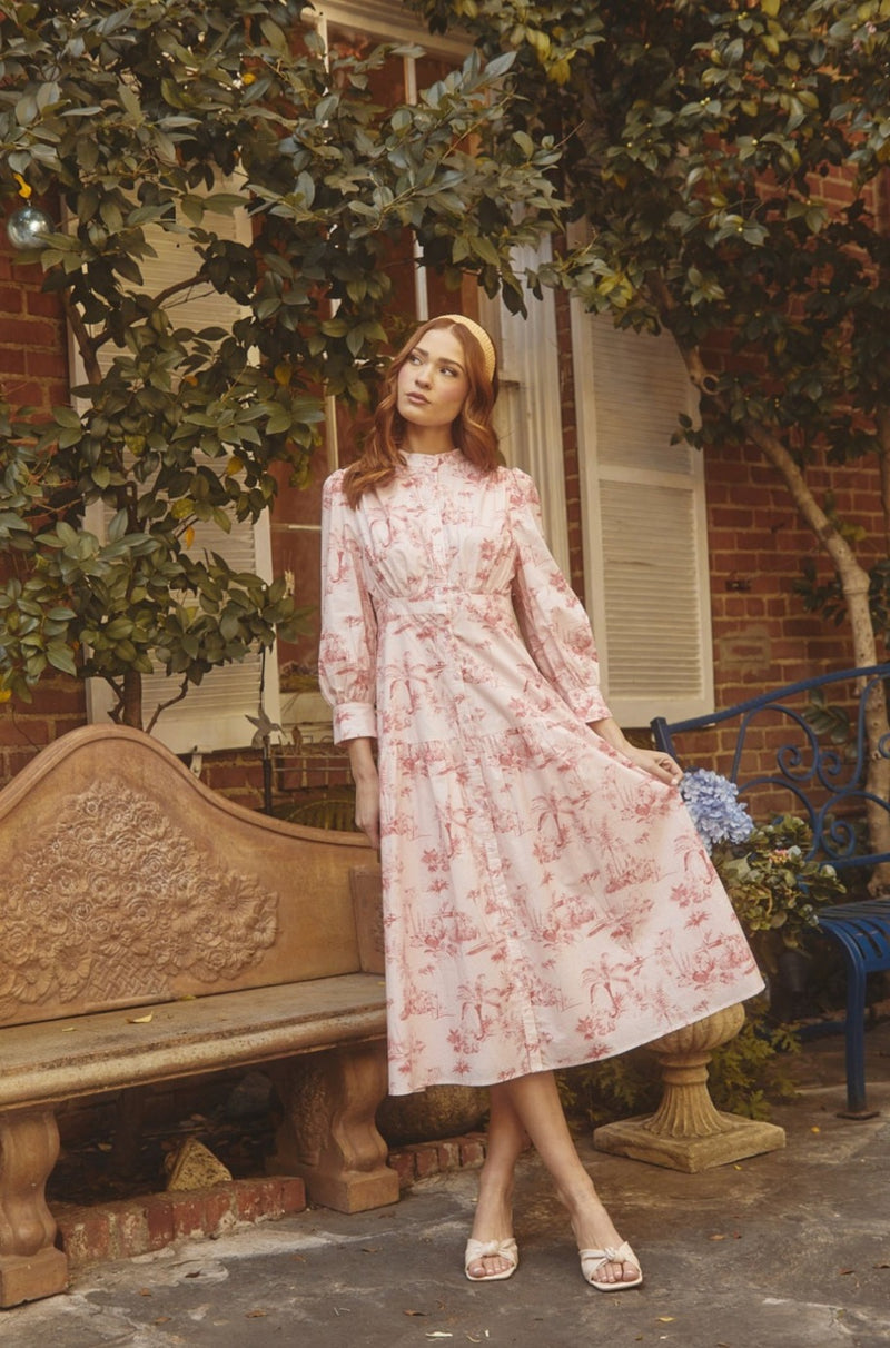 pink floral dress, pink dress, printed dress, pink and white dress