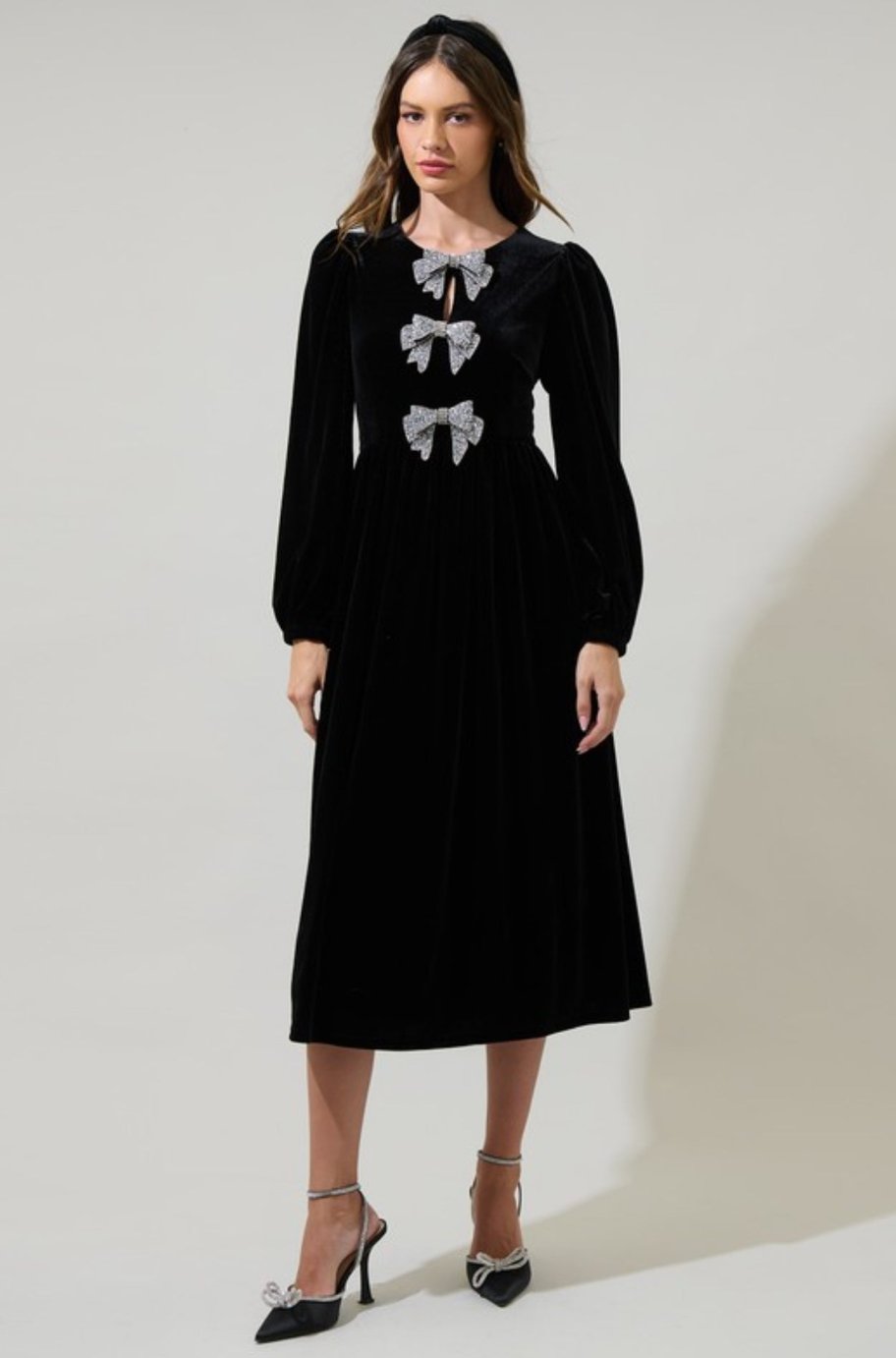 Black velvet long-sleeve midi dress