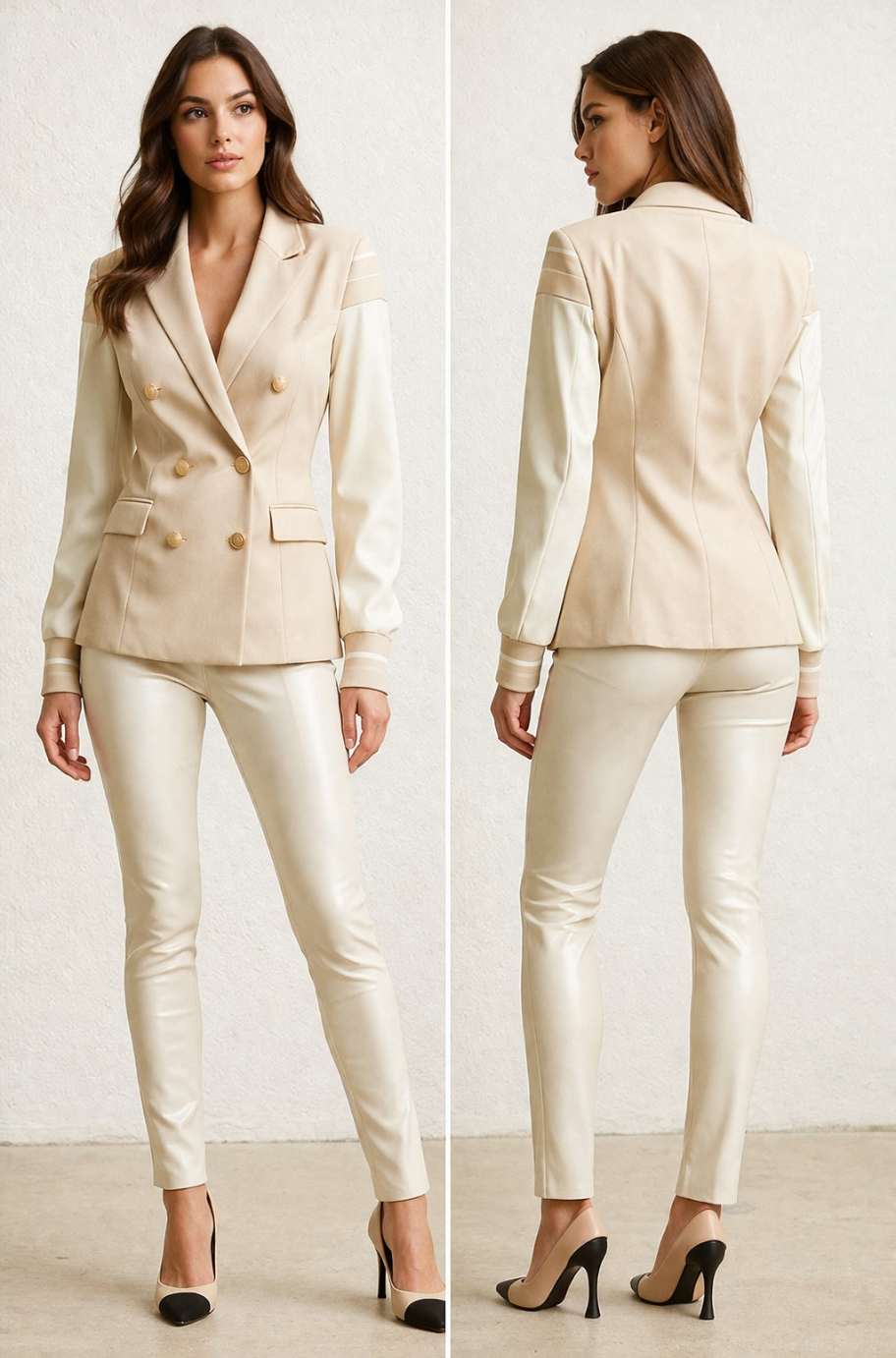 Noir vegan leather varsity blazer, side view