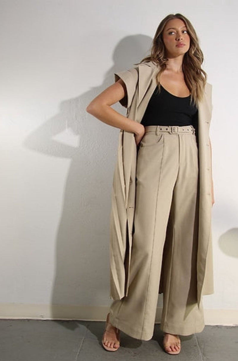 tan trench pant suit, tan pant suit, trench coat, women's pant suit. work wear