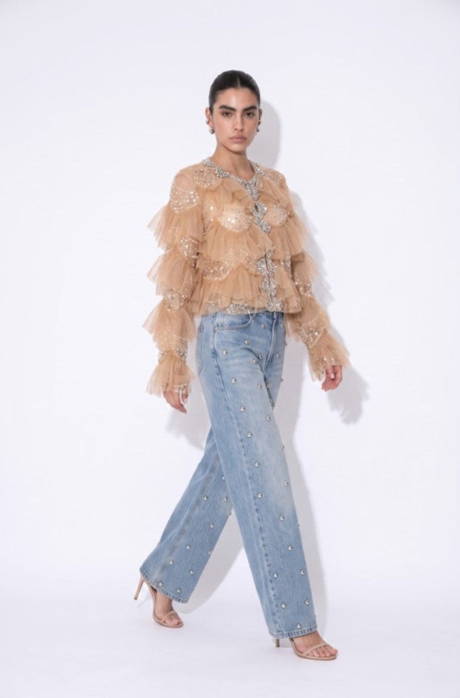 Nude Embellished Tulle Ruffle Statement Jacket