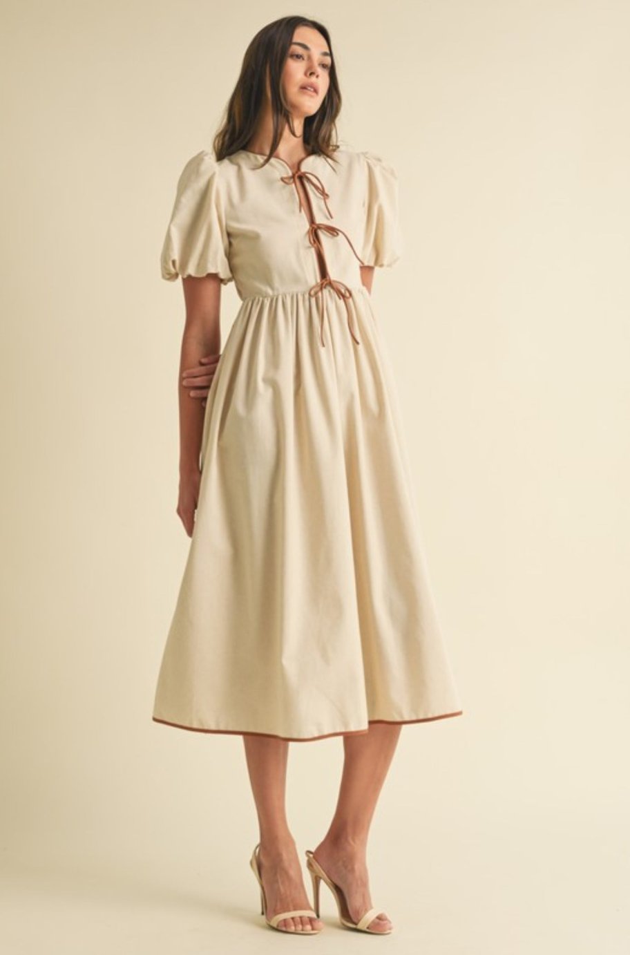 Natural linen-cotton midi dress with bow tie shoulders and puff sleeves