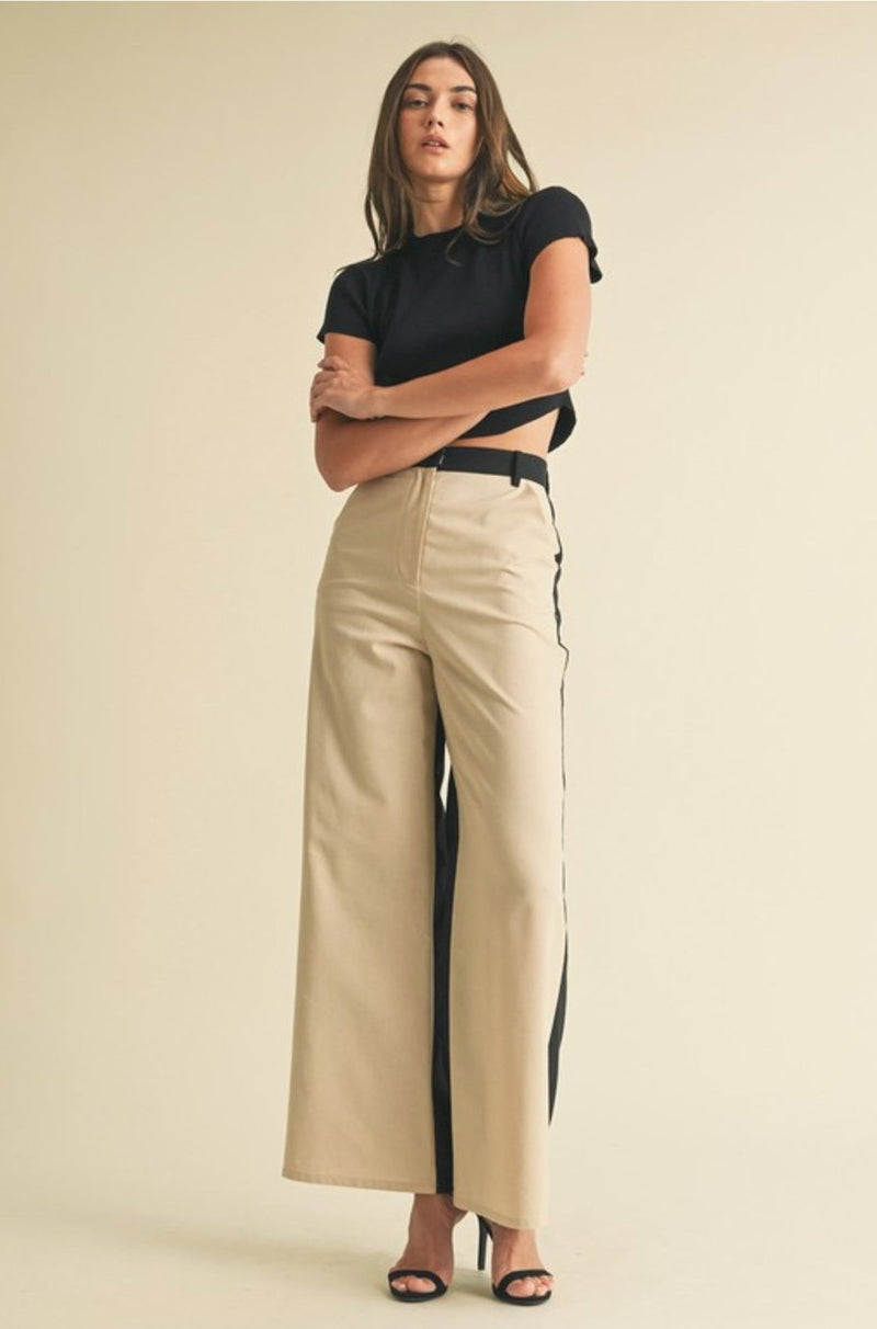 black and beige color block pants, women's work pants, tan pants, black pants, women's pants, 