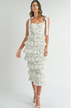 floral ruffle dress, floral midi dress, long ruffle dress, layered dress
