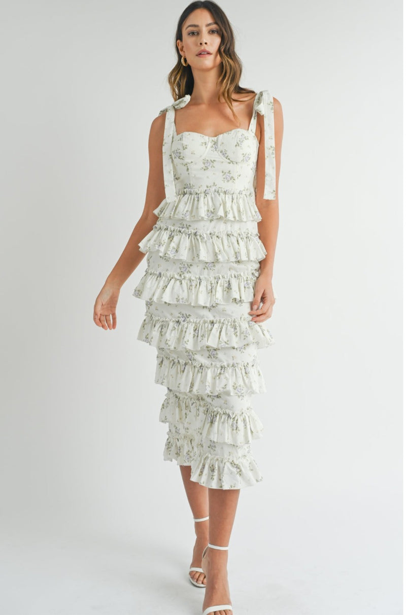 floral ruffle dress, floral midi dress, long ruffle dress, layered dress