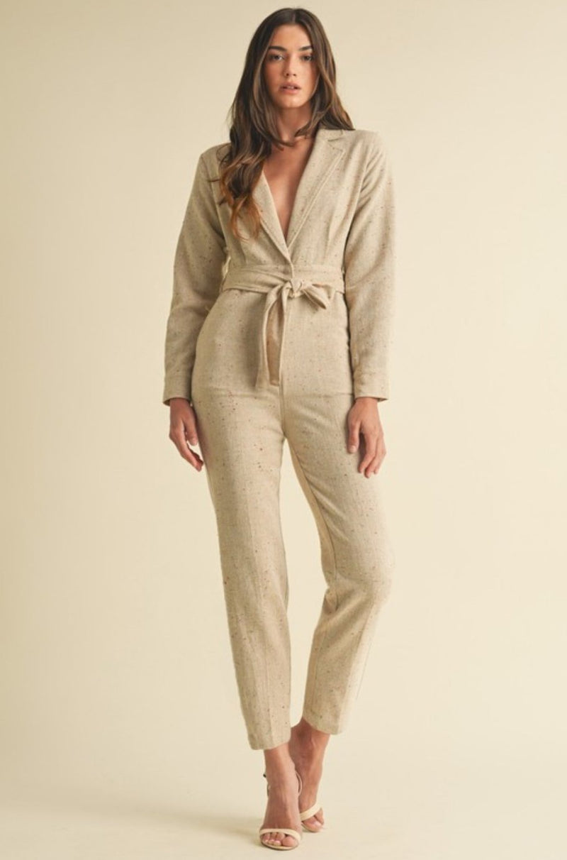 beige jumpsuit, long sleeve jumpsuit, beige long sleeve jumpsuit, women's work jumpsuit, formal jumpsuit, blazer jumpsuit, pant suit
