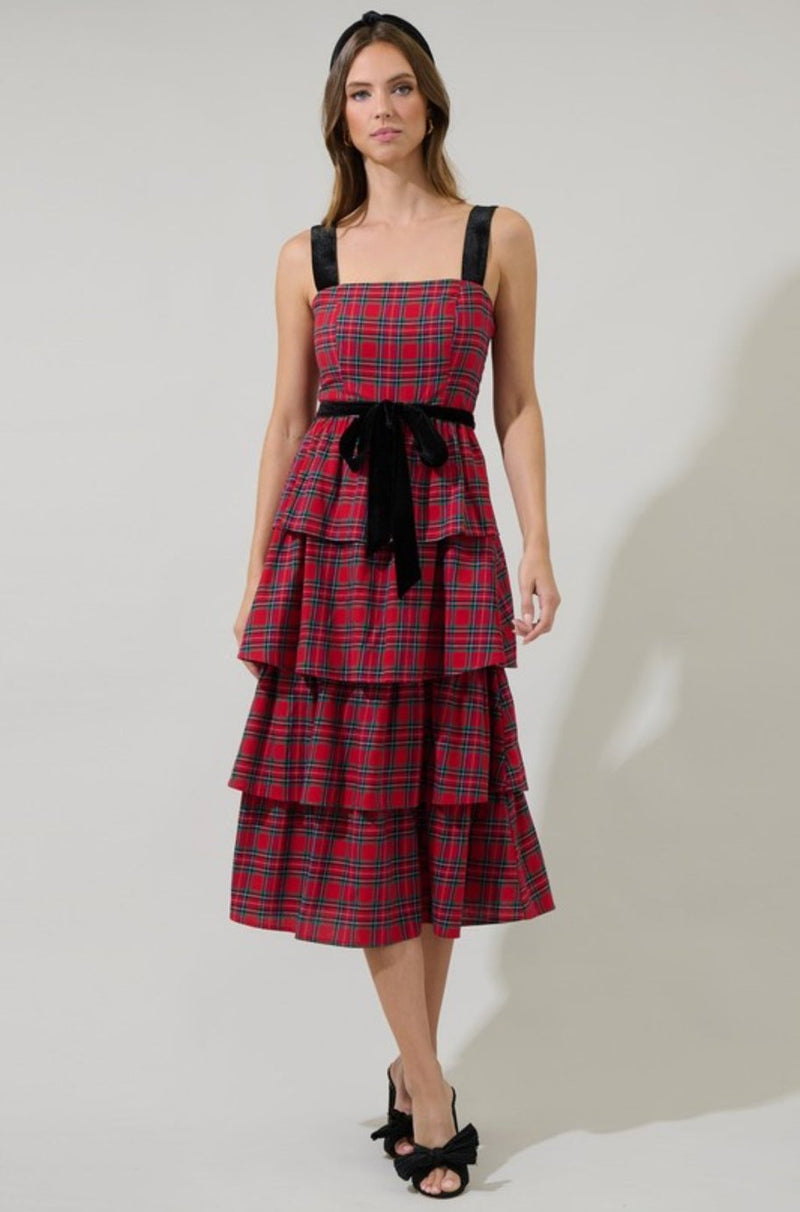 Nora Plaid Tiered Midi Dress