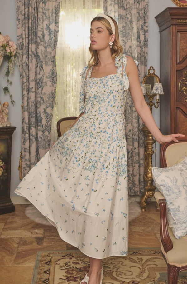 blue and white midi dress, sorority rush dress, wedding guest dress, resort dress, women's party dress, floral blue and white dress