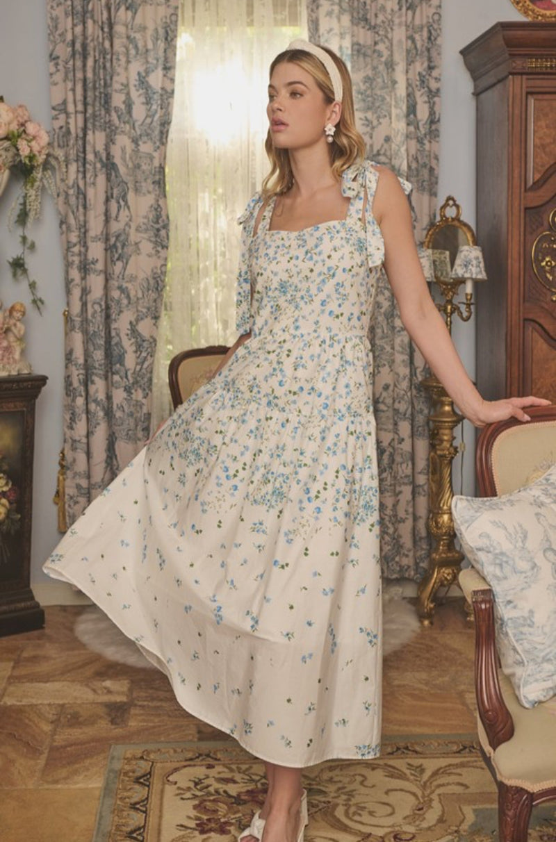 blue and white midi dress, sorority rush dress, wedding guest dress, resort dress, women's party dress, floral blue and white dress