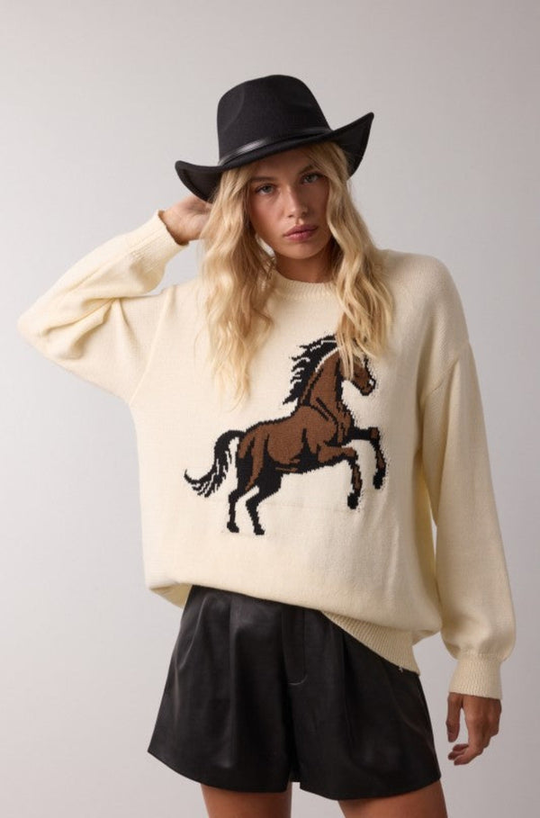 Cotton cream horse print sweater, women’s cream sweater, horse print sweater