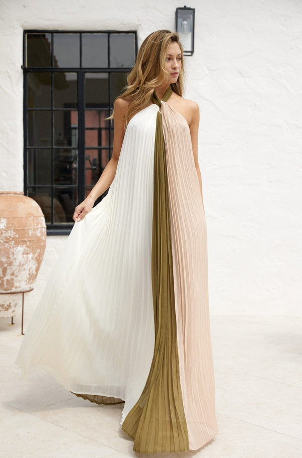 olive pleated color block long dress, color block long dress, pleated dress, resort wear, pink pleated dress, olive pleated dress, white pleated dress