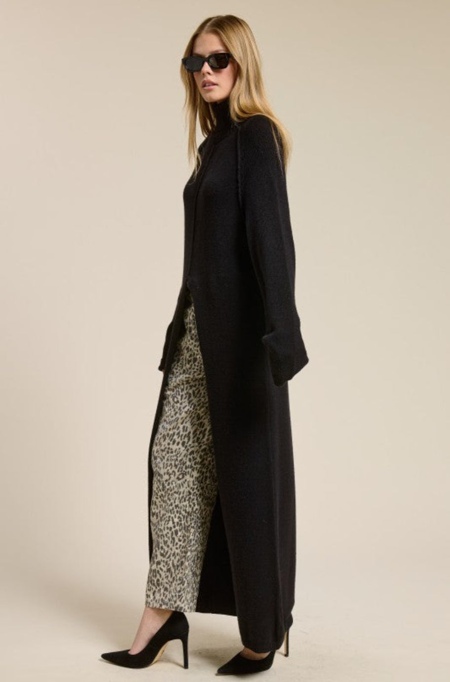 Sol long black tunic sweater, full length view