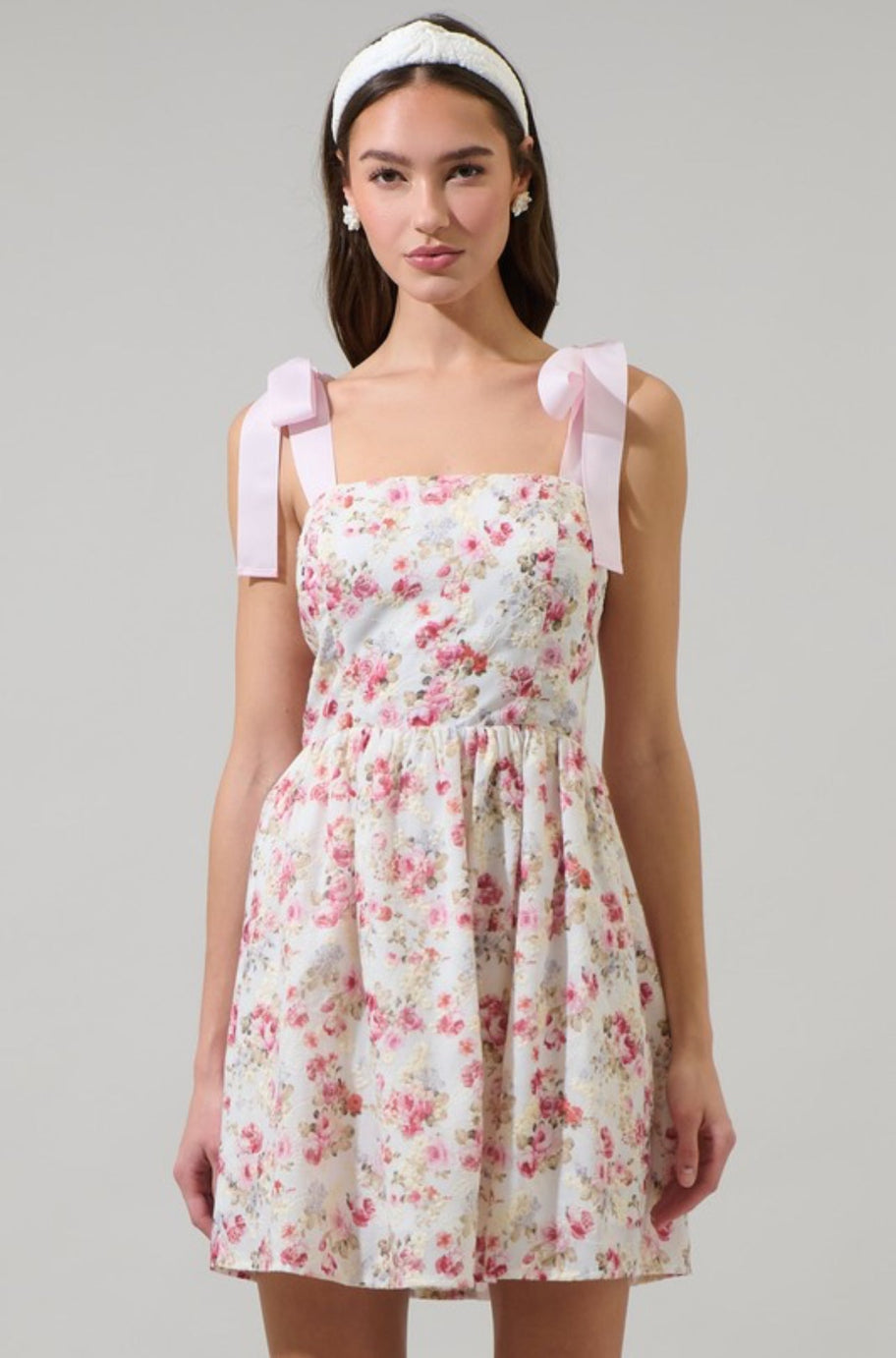 Close-up of the pink eyelet floral fabric on the Nelly dress