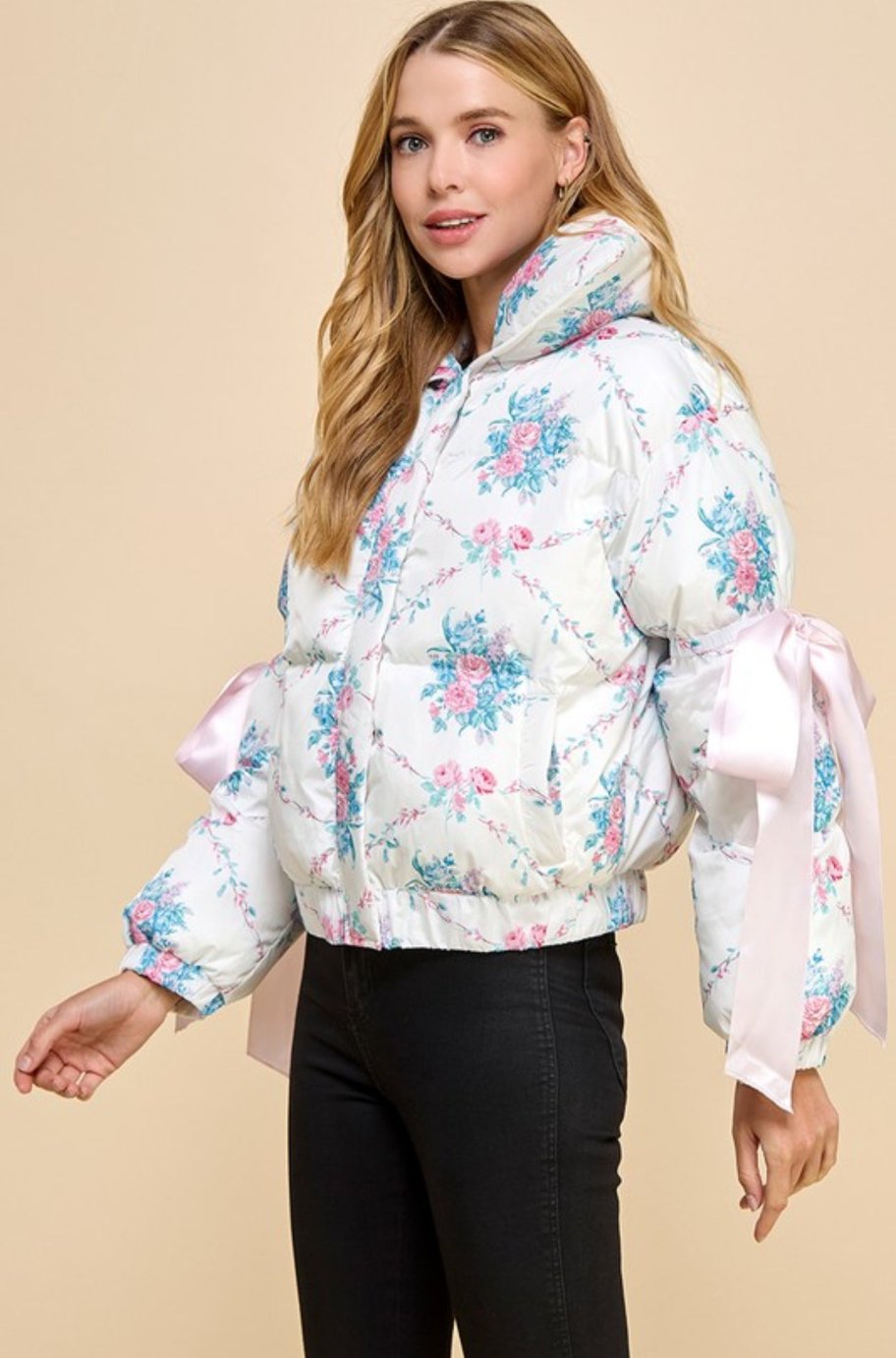 Harper floral puffer jacket, back view
