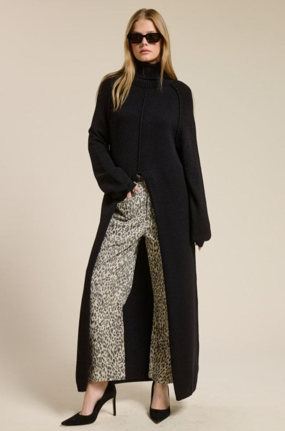 Sol long black tunic sweater, back view