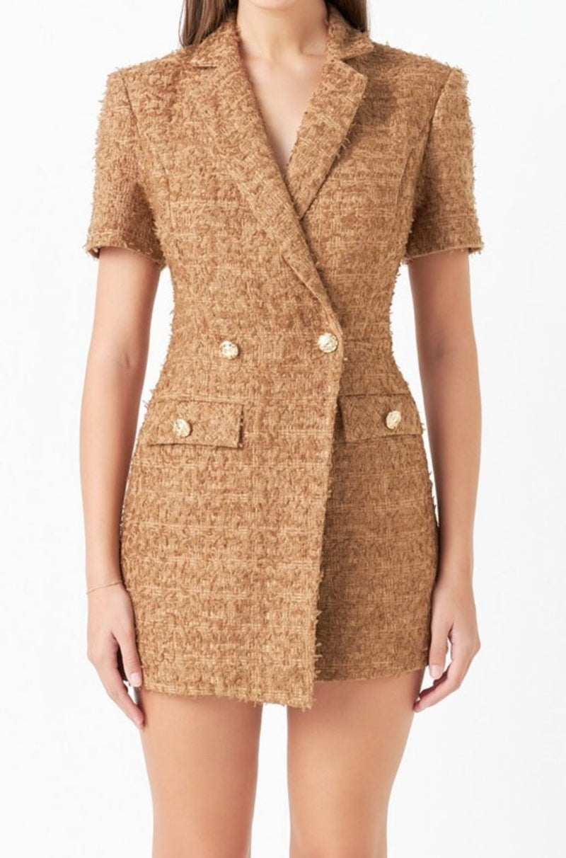 brown tweed romper, blazer romper, formal wear, cocktail party outfit, tweed romper