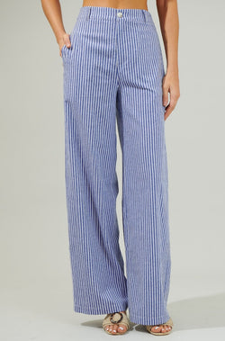 striped pants, blue and white striped pants, blue wide leg pants