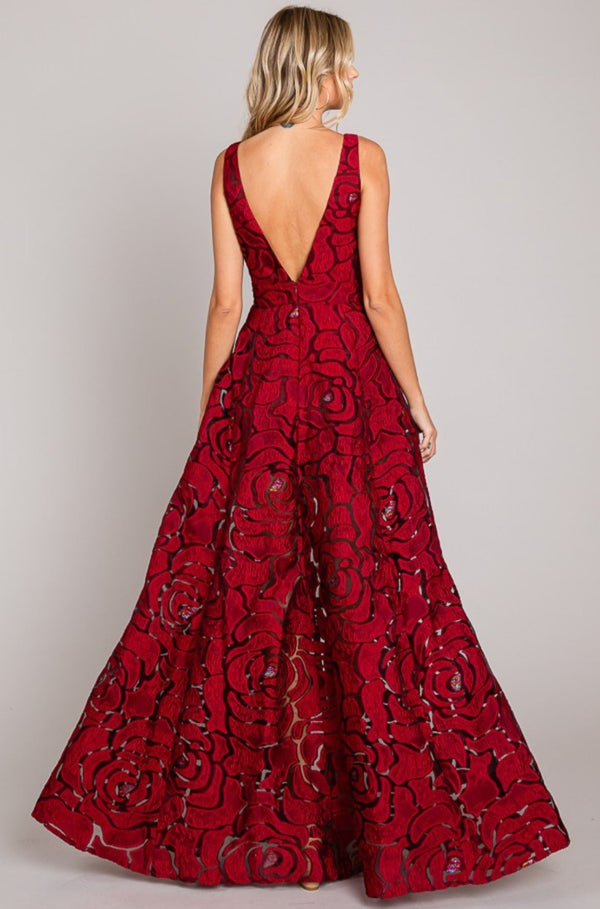 Federica Wine Jacquard Print Long Dress