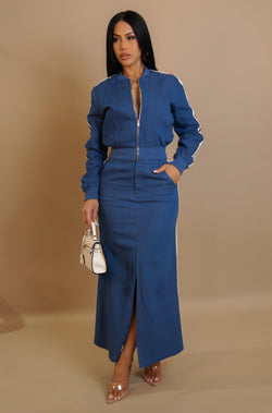 Women’s travel airport blue two piece set, women’s denim wash jacket and skirt set, 