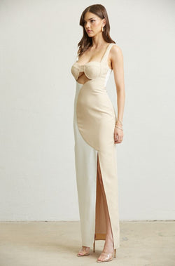 Women’s nude and white long dress, long wedding guest dress, women’s formal dress