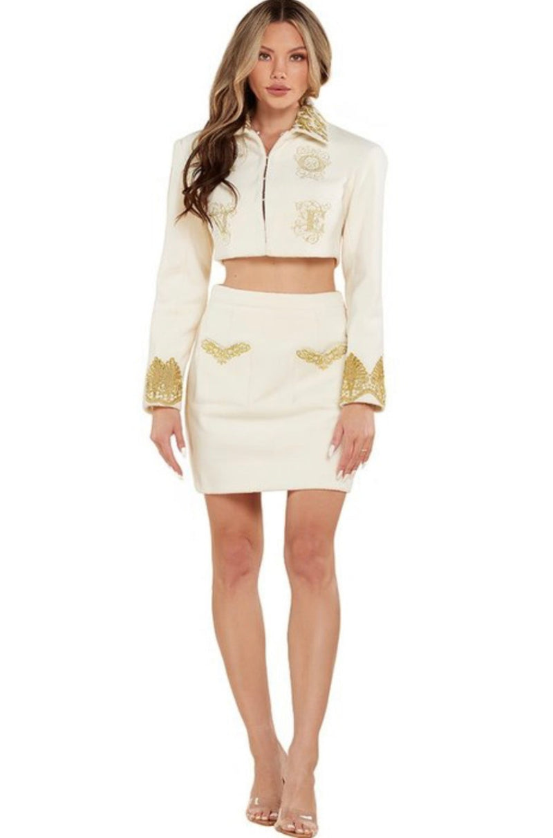 White with Gold Blazer and Skirt Set