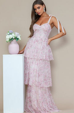 Pink floral long dress, blush layered floral dress, pink long florl prom dress, pink party long dress