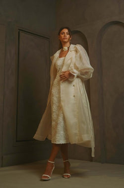 Cream sheer trench coat, sheer coat, sheer trench coat, gold trench sheer coat