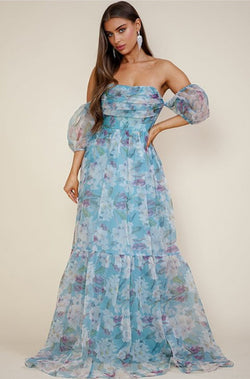 Blue floral ling dress, blue long prom dress, blue dress, blue party long dress
