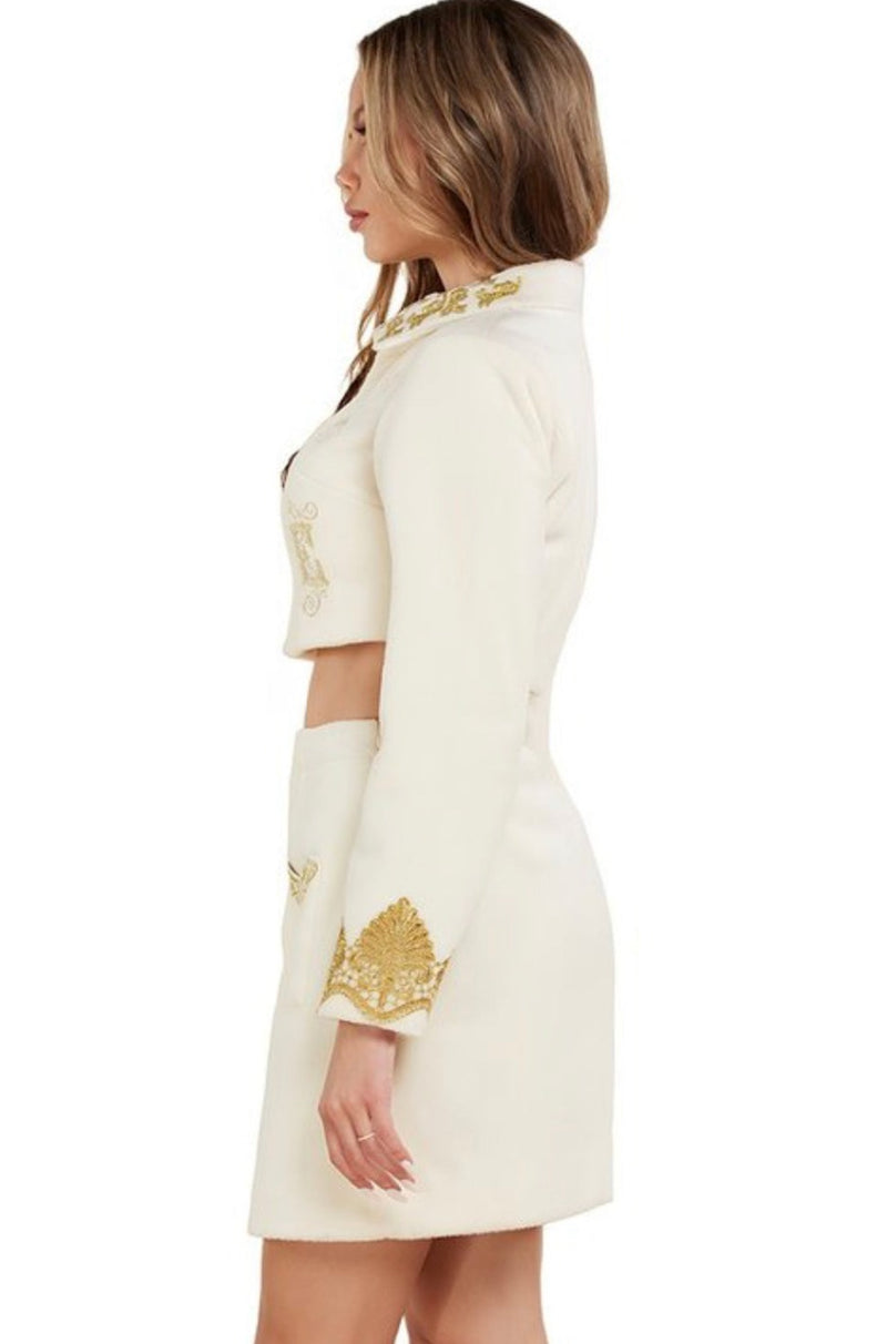 White with Gold Blazer and Skirt Set